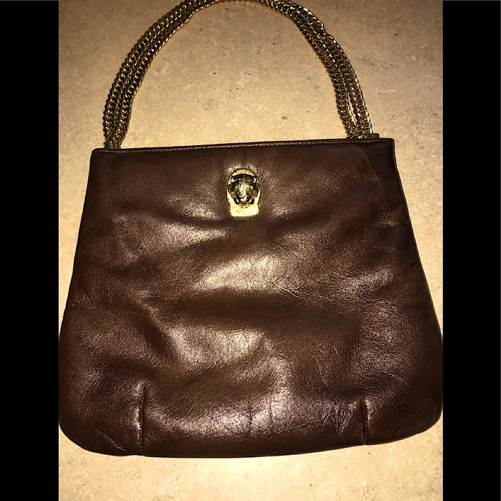 Ruth Saltz Vintage Shoulder Bag Cougar Brown Leather Purse With Gold Cougar!